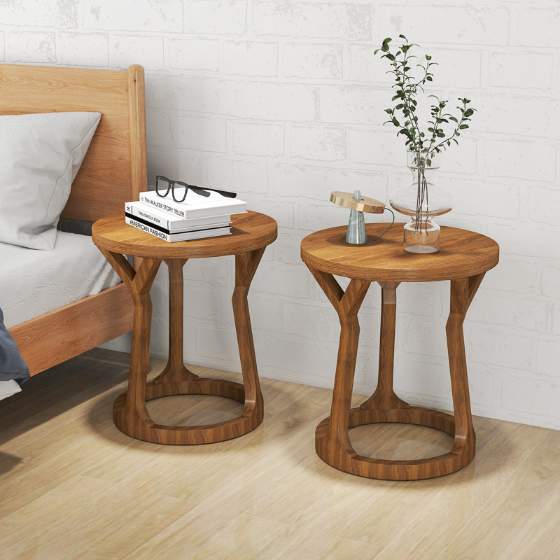 2 pièces table d'appoint ronde de table d'appoint table de chevet avec plateau et pieds naturels, Brun
