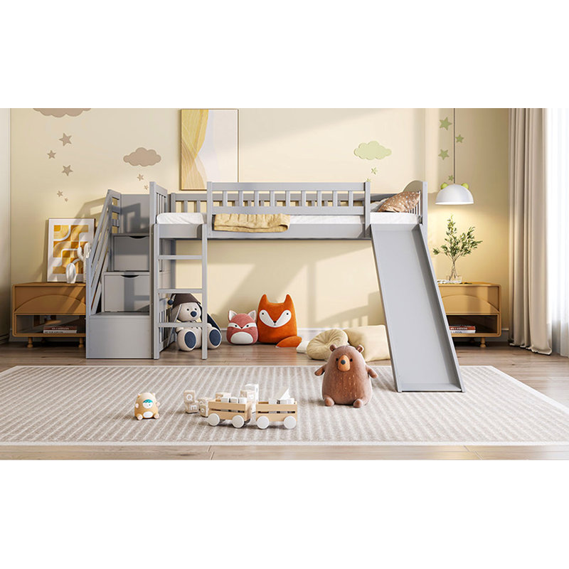 Stairway Twin Size Loft Bed with Two Drawers and Slide, Gray