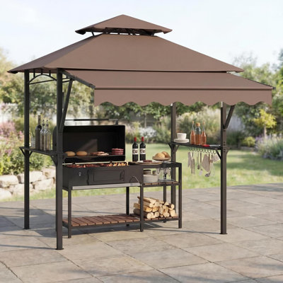 Pavillon de jardin de 8 pi x 5 pi avec auvent extra large de 7 pi x 3 pi, pavillon de jardin à 2 niveaux avec tablettes, crochets et lumières DEL, auvent de barbecue extérieur à cadre en métal pour le jardin au bord de la piscine