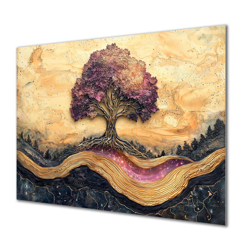 Burgendy Tree of Life on Stone River I - arbre de vie, impression murale sur métal, H 24 po x l 32 po