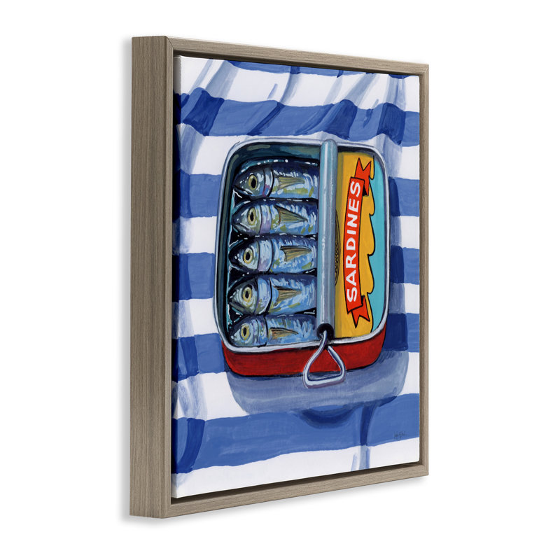 Sardines sur cadre flottant rayé en tissu, design par Kate Jarvik Birch, H 25 po x l 25 po, Cadre flottant orme Montalcino