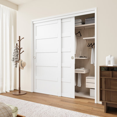 80” 5-Lite White MDF Panelled Pantry Sliding Closet Doors With Hardware & Handles (Assembly Required)