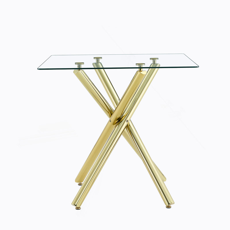 Table de bar moderne en or avec plateau en verre trempé, table de pub en métal robuste avec pieds en croix, Doré