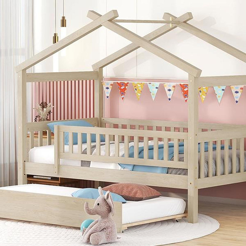 Lit simple en bois avec lit gigogne simple, Naturel