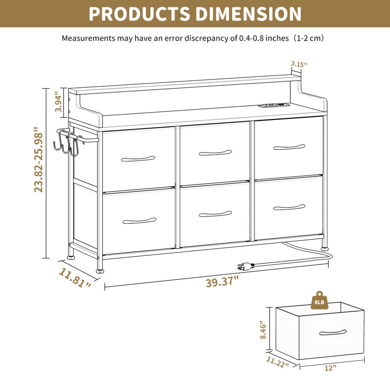 6 Drawer Bedroom Dresser With Charging Station, White