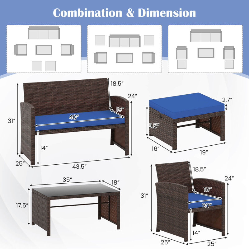 6 PCS Patio Furniture Set w/ 1 Loveseat 1 Coffee Table 2 Armchairs 2 Ottomans Blue, Brown, Navy