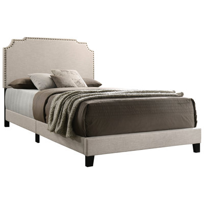 Eastern King Panel Bed Upholstered In Copper Beige, Softly Wrapped Fabric And With Structured Headboard Beige Classic Design Box Spring For Added Support
