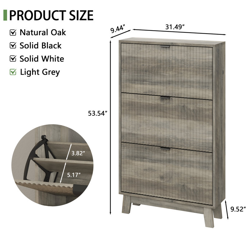 Shoe Cabinet Storage for Entryway with 3 Flip Drawers, 54" Tall Narrow Fluted Shoe Organizer with Adjustable Shelves, Freestanding Slim Hidden Shoe Rack, Hallway Entrance