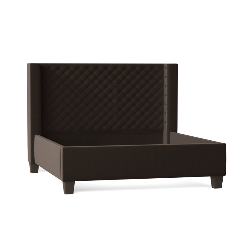 Bren Upholstered Wingback Bed, Queen, Bella Black Performance Velvet, Brown Mahogany