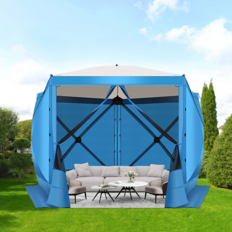 10x10FT Camping Gazebo Screen Tent, 5 Sided Pop-up Canopy Shelter with Mesh Windows, Blue