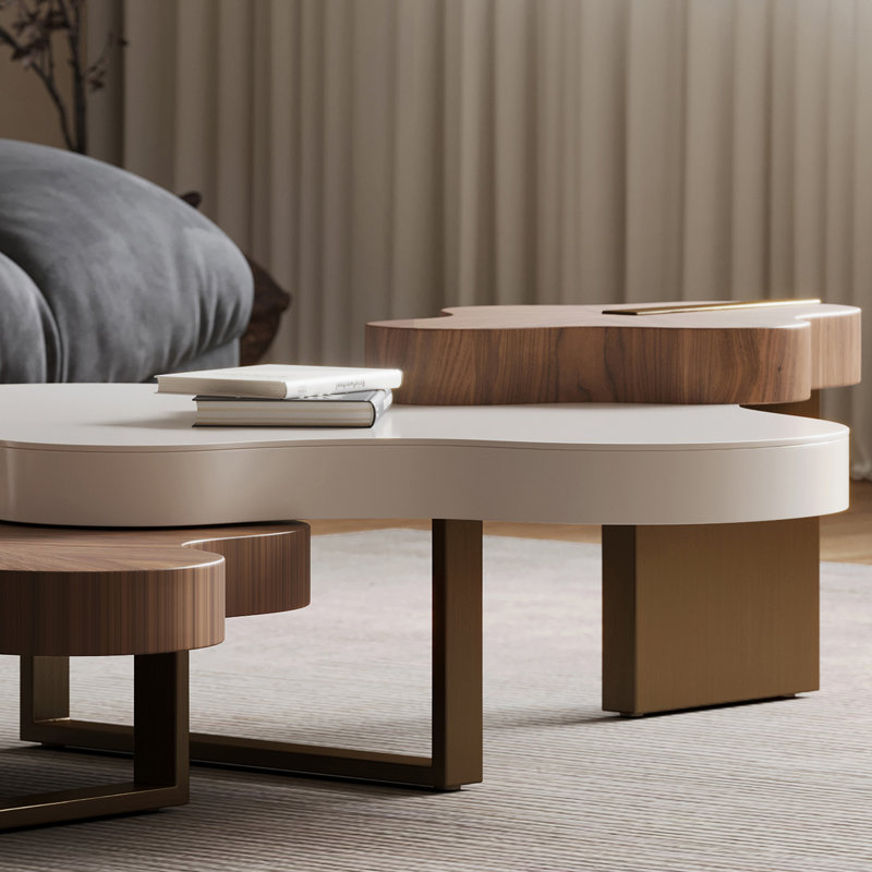 Maville 3 Piece Modern Cloud-Shaped Irregular Wood Nesting Coffee Table Set, Mid-Century Living Room Center Table in Creamy White and Walnut for Living Room Lounge Office