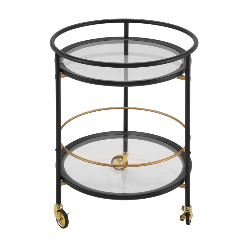 Luna Modern Round Bar Cart With Tempered Glass Shelves And Metal Accents, Black