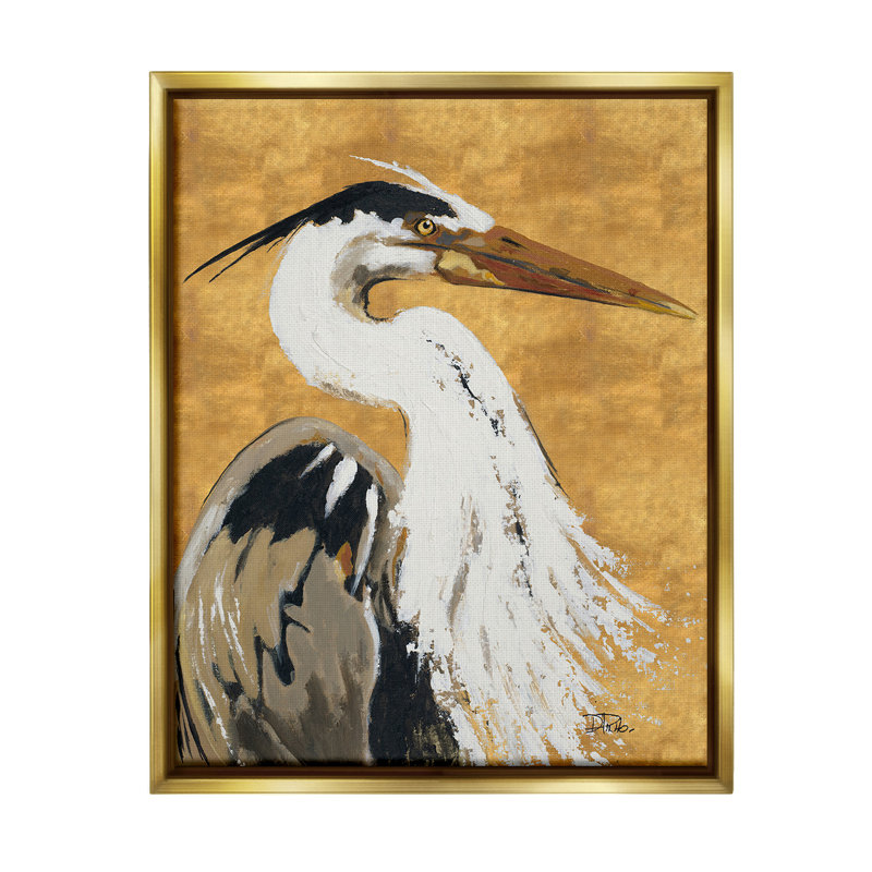 «Heron On Gold Motif» par Patricia Pinto sur toile, Cadre flottant métallique doré, H 31 po x l 25 po