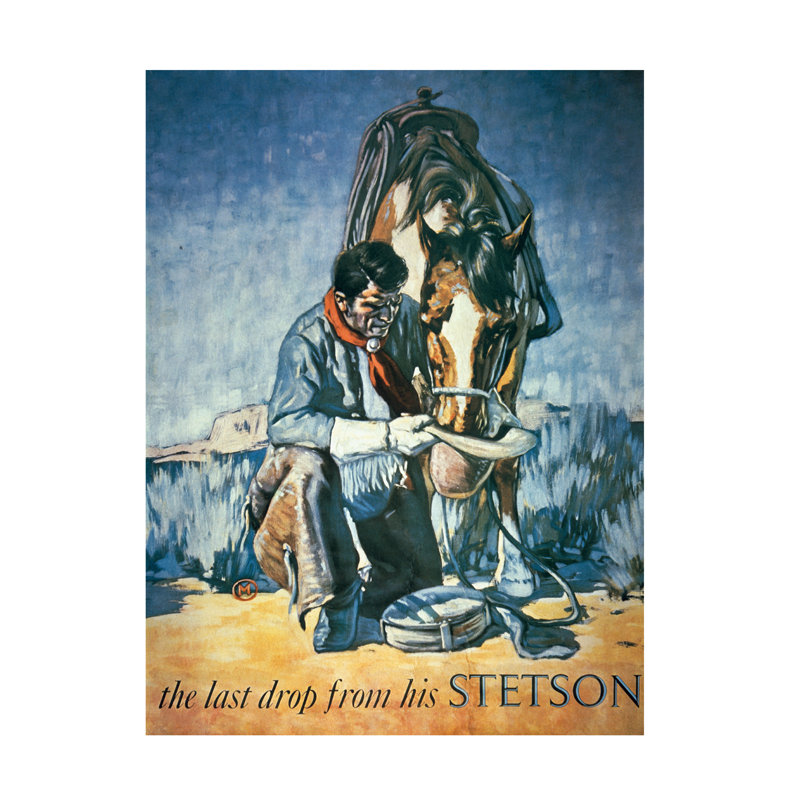 Art américain, "The Last Drop From His Stetson", art sur toile, H 19 po x l 14 po