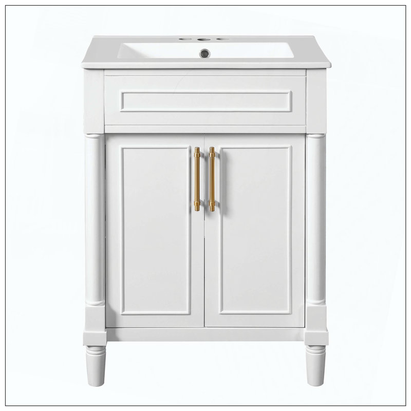 Meuble-lavabo simple avec portes de lavabo en céramique intégrées, White