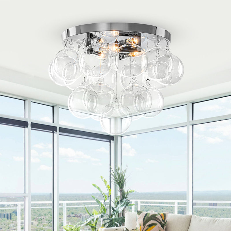 14" 3-Light Chrome Flush Mount Ceiling Light with 17 Glass Balls | Clear Twisted Glass | E12 Candelabra Base | Modern Bubble Chandelier