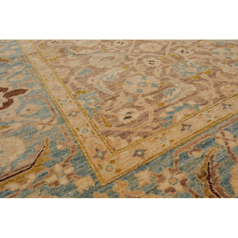 Tapis unique en laine noué à la main 6 pi x 8 pi 9 po en taupe / turquoise / brun