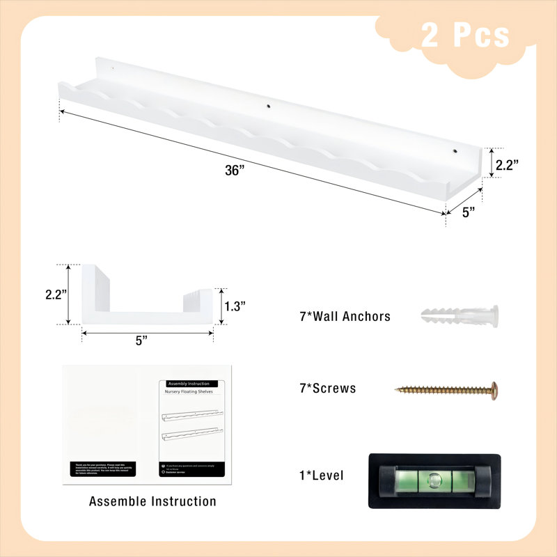 Étagère à livres pour chambre de bébé 2 pièces Malchand, H 2,2 po x l 36 po x P 5 po, Blanc lustré