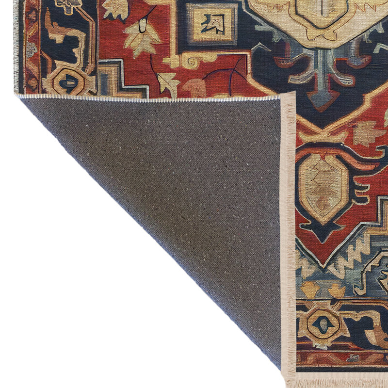 Tapis décoratif rétro à motif bleu et rouge, Tapis de couloir 3 pi 3,37 po x 9 pi 10,11 po