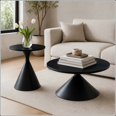 Ensemble de 2 tables basses rondes avec plateau noir et base en acier