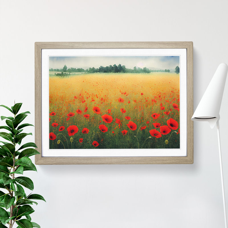 Poppy Field Watercolour Vol.2 - Single Picture Frame Print, Oak, 46cm H x 64cm W x 2cm D