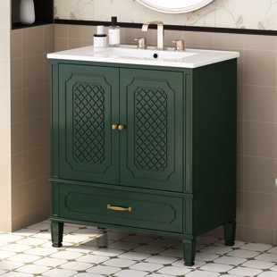 Meuble-lavabo de salle de bain rétro 30 po avec lavabo, espace de rangement multifonctionnel, tablette de porte, porte à fermeture en douceur,