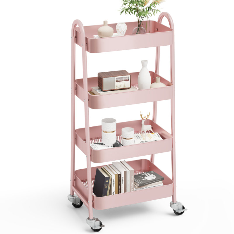4-Tier Under Desk Mobile Utility Cart with Metal Storage Organizer, Pink