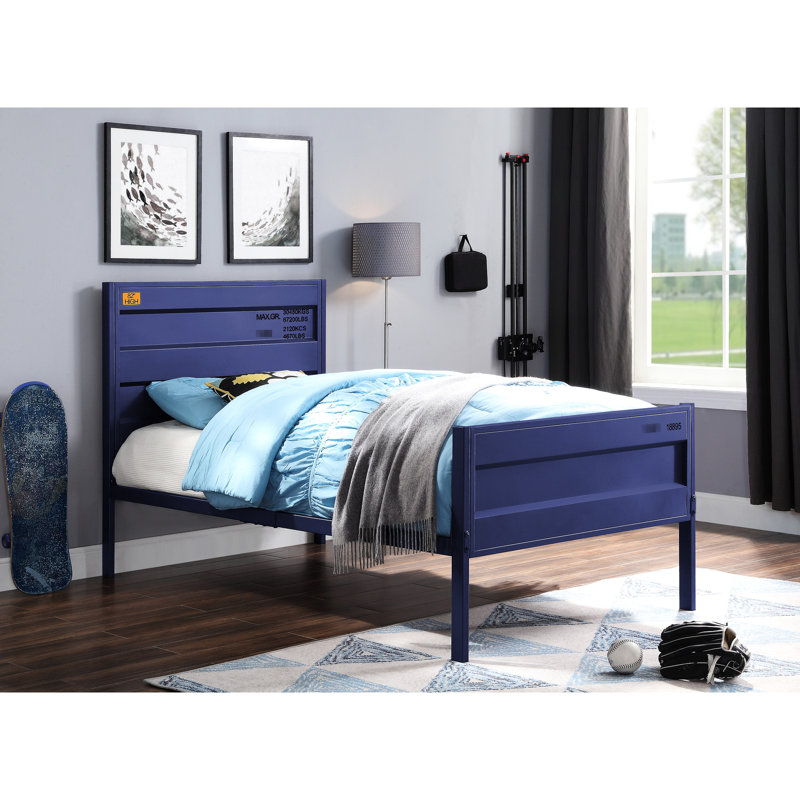 Lit double avec finition cargaison bleue, structure en métal, pieds droits, profondeur de 79 po, largeur de 56 po, cadre de finition de 44 po de hauteur, style de contenant, 21 lattes, sans sommier, long