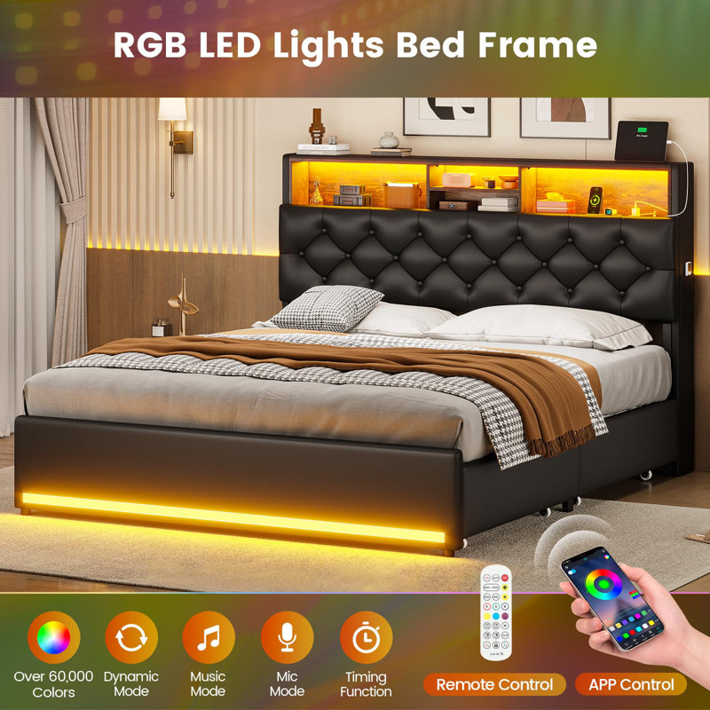 Lit plateforme tapissier avec rangement, Grand, Noir