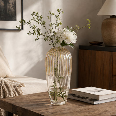 D5.9x11.8"H Tapered Glass Accent Vase with Ribbed Amber Finish, Decorative Flower Vase for Table Centerpiece, Living Room Entryway Home Decor