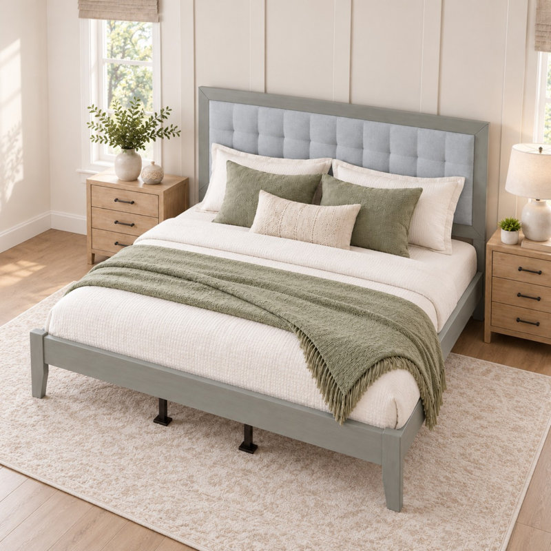 Upholstered Platform Bed with Tufted Headboard and Wood Slat Support
