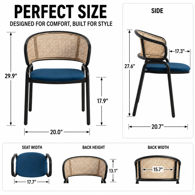 Mid-Century Modern Velvet Dining Chair with Cane Rattan Back, Luxury Boho Accent Chair with Stainless Steel Legs for Kitchen & Bistro