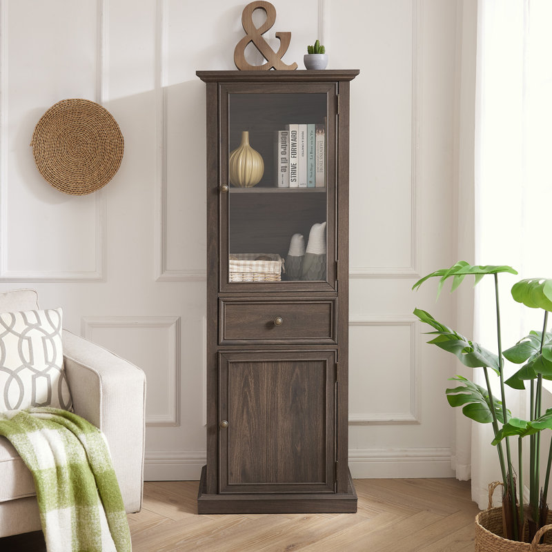 Vitrine minimaliste avec porte en verre, tablettes et tiroir, Brun