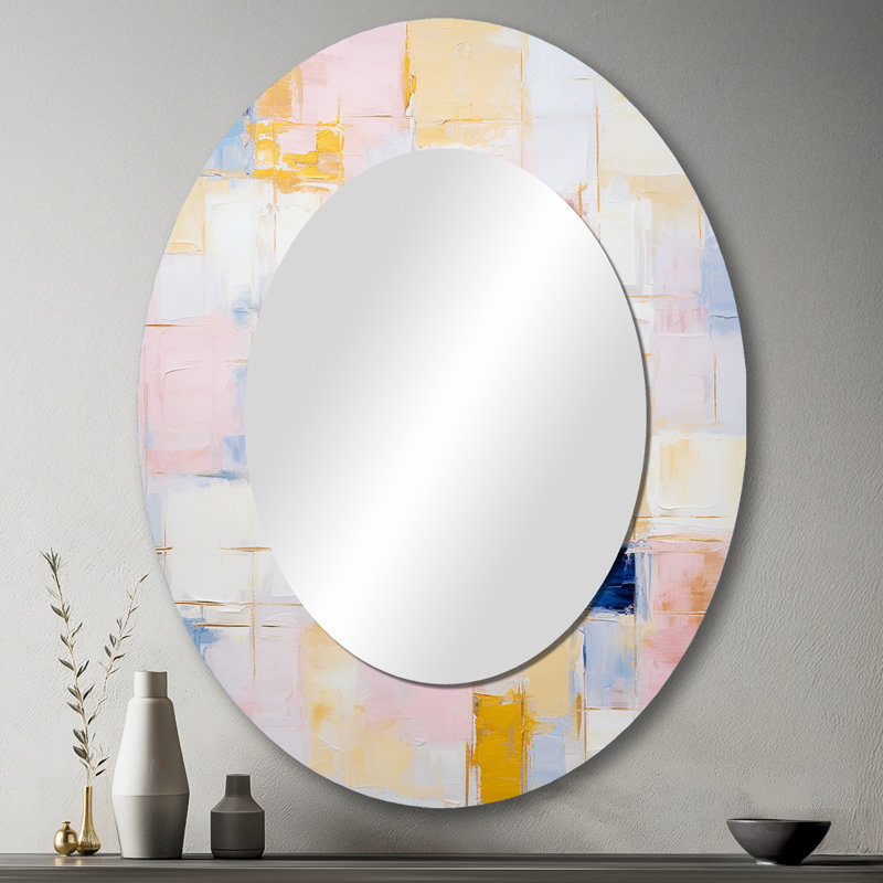 Timeless Moments en rose pastel, jaune et bleu - Miroir décoratif ovale abstrait sur métal, 43 po x 33 po
