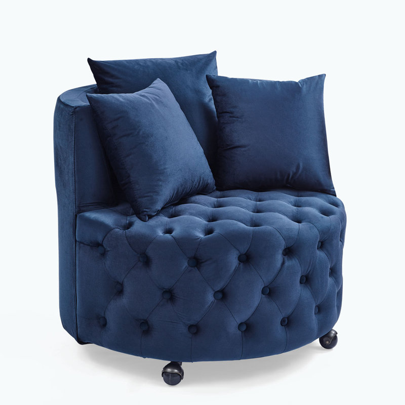 Button Tufted Velvet Upholstered Swivel Chair, Blue Velvet