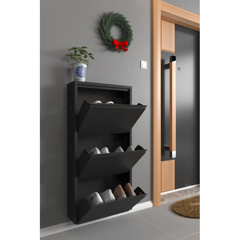 Thara 6 Pair Shoe Storage Metal Cabinet - Tilt-Drawer Wall-Mount Slim Design, Black
