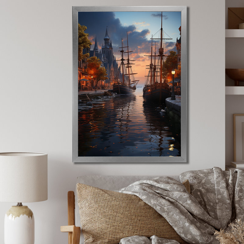 Helden " Germany Harbor View ", 44" H x 34" W x 1.5" D, Silver Picture Framed