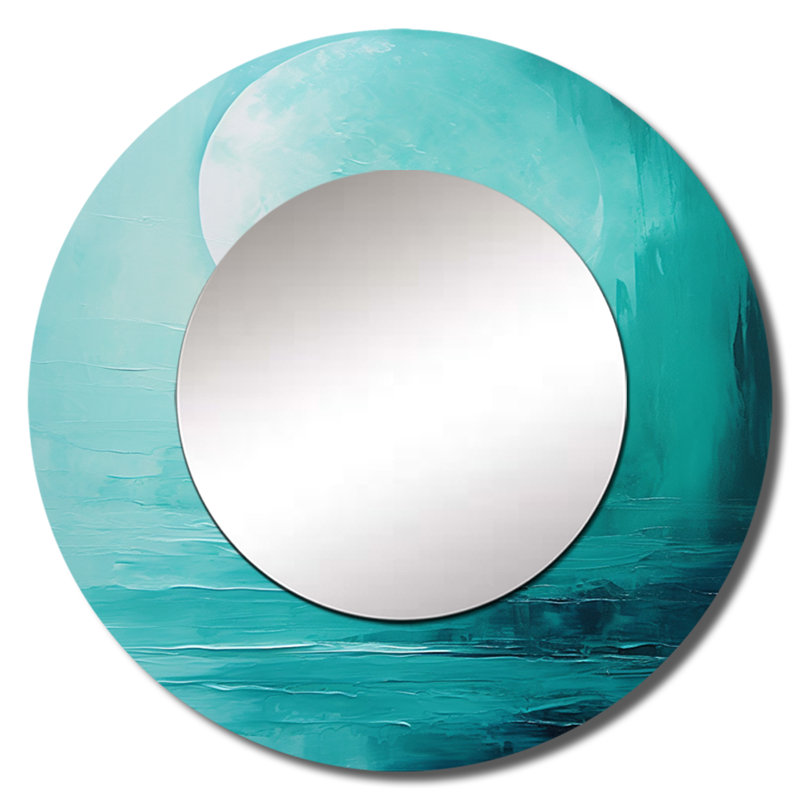 Teal Moon Tranquility I - miroir lune, miroir mural rond bleu, impression sur métal, 29 po x 29 po