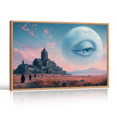 Lune surréaliste avec un œil au-dessus d'une cathédrale de pierre et d'une toile murale d'Halloween
