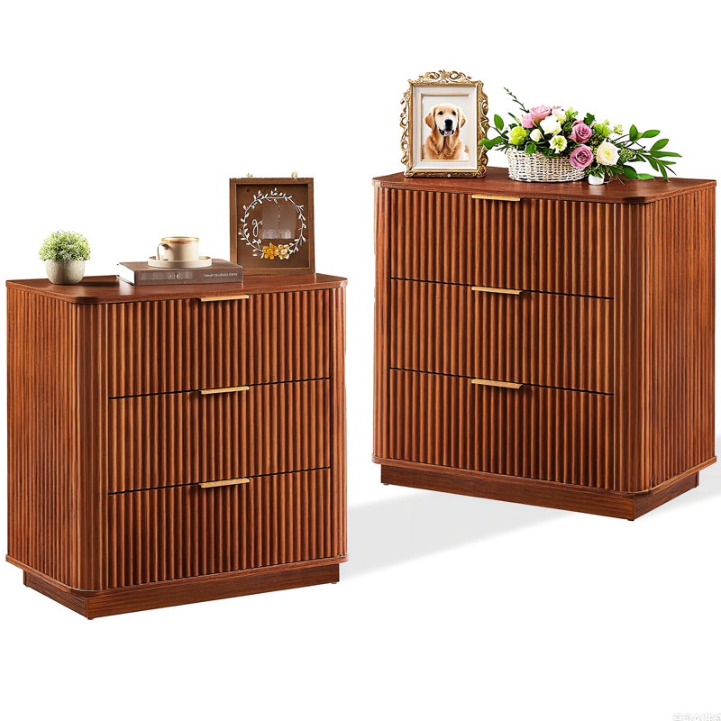 Commode en bois de noyer 3 tiroirs 2 pièces, commode moderne de 27,6 po de large avec vague incurvée, table de chevet de rangement pour accessoires de salon, rangement pour la commode