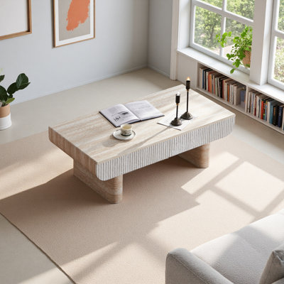 Table basse avec plateau en faux marbre, table basse moderne Mid-Century avec tiroir cannelé, table basse de salon, bureau