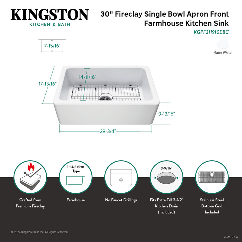Kingston Brass Kaolin 30-Inch Fireclay Farmhouse Kitchen Sink, Matte White