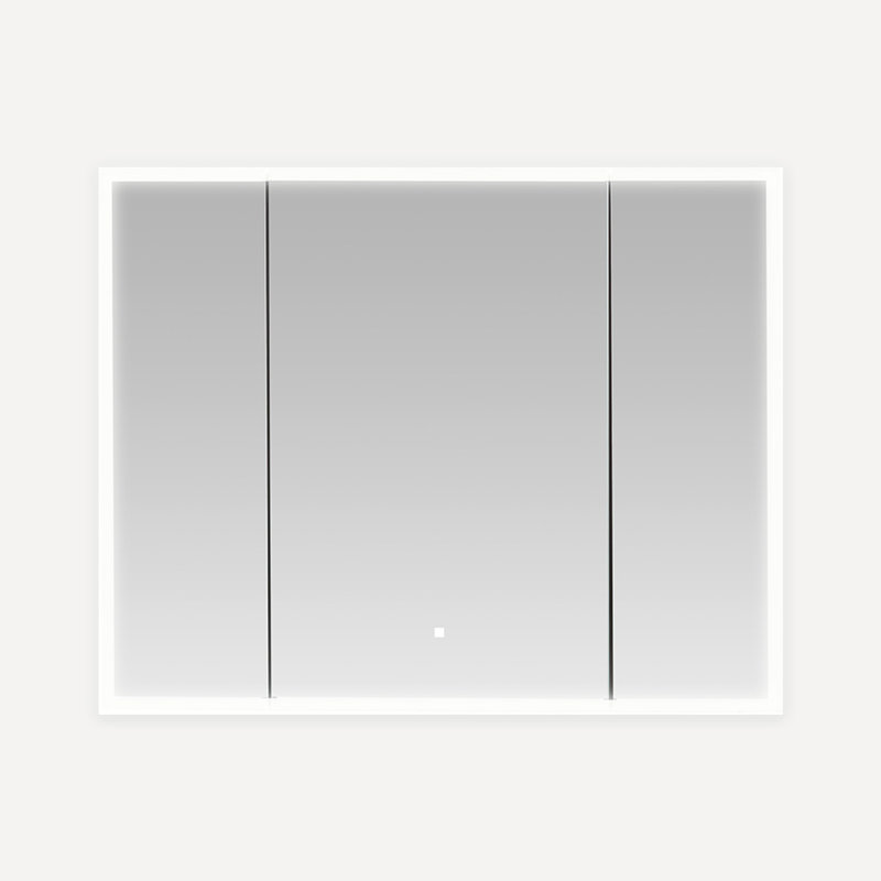 Armoire à pharmacie avec désembueur à DEL Calandria l 40 po x H 32 po x P 5 po, prises électriques, gradateur, miroir grossissant réglable à DEL 3X