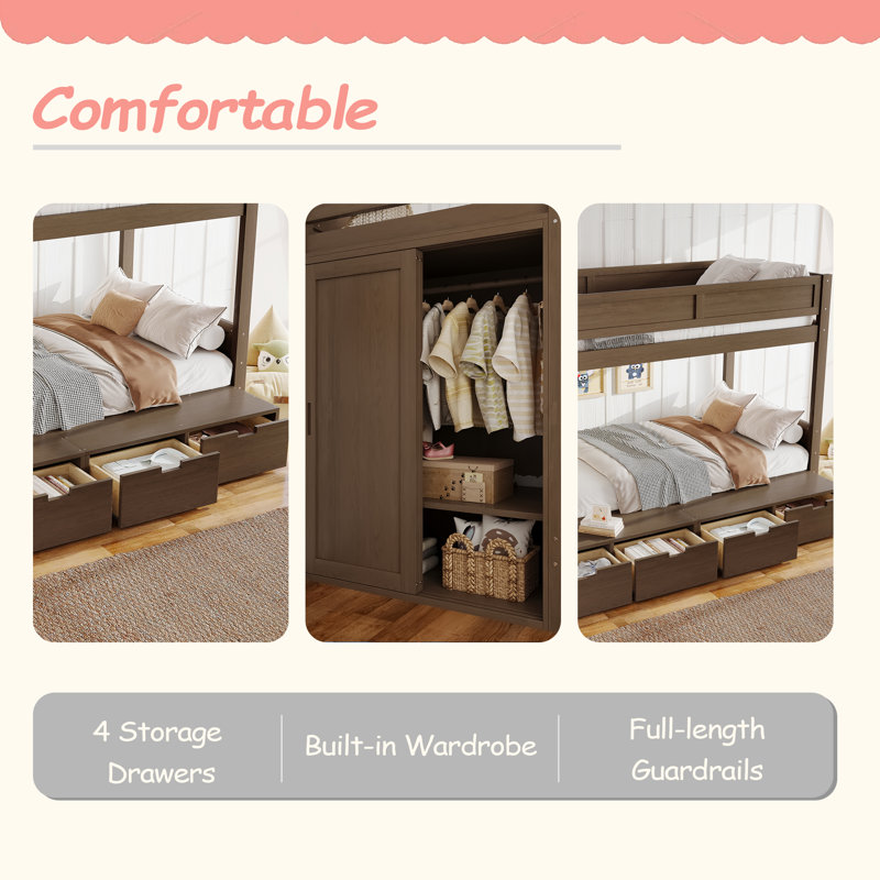 Twin Over Twin Bunk Bed With 4 Storage Drawers, Brown