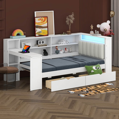 Lit d'angle simple, lit de jour avec tablettes et tiroirs de rangement, station de charge et DEL, bureau et tête de lit tapissier pour enfants et adolescents