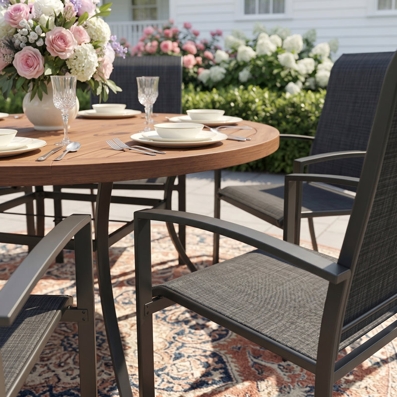 8-Person Round Patio Dining Set With Stackable Textilene Chairs, Black/Brush Wood Brown