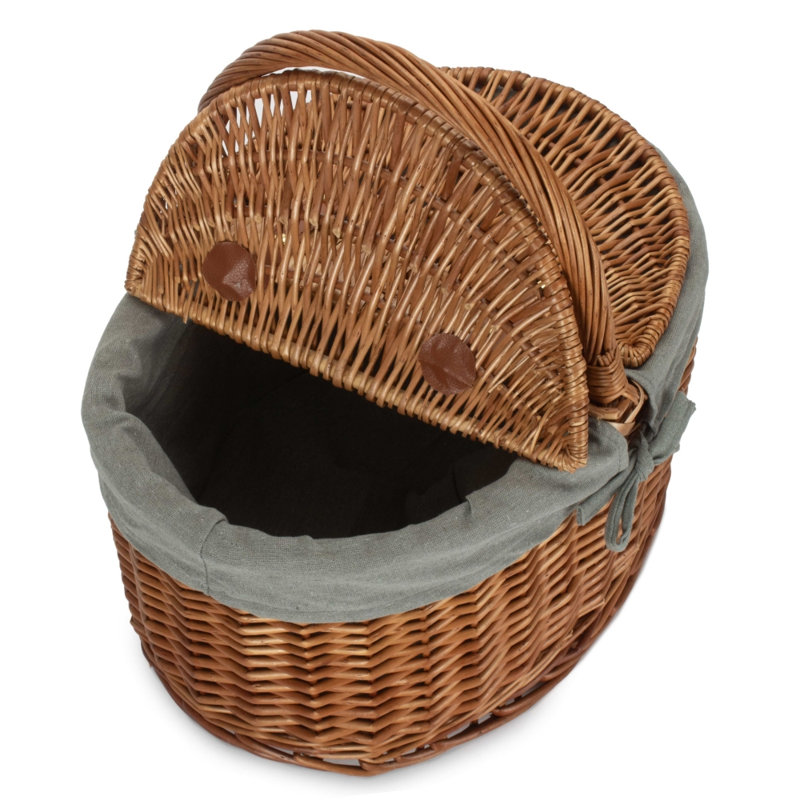 Wicker Empty Lidded Lined Oval Picnic Basket Hamper, Natural