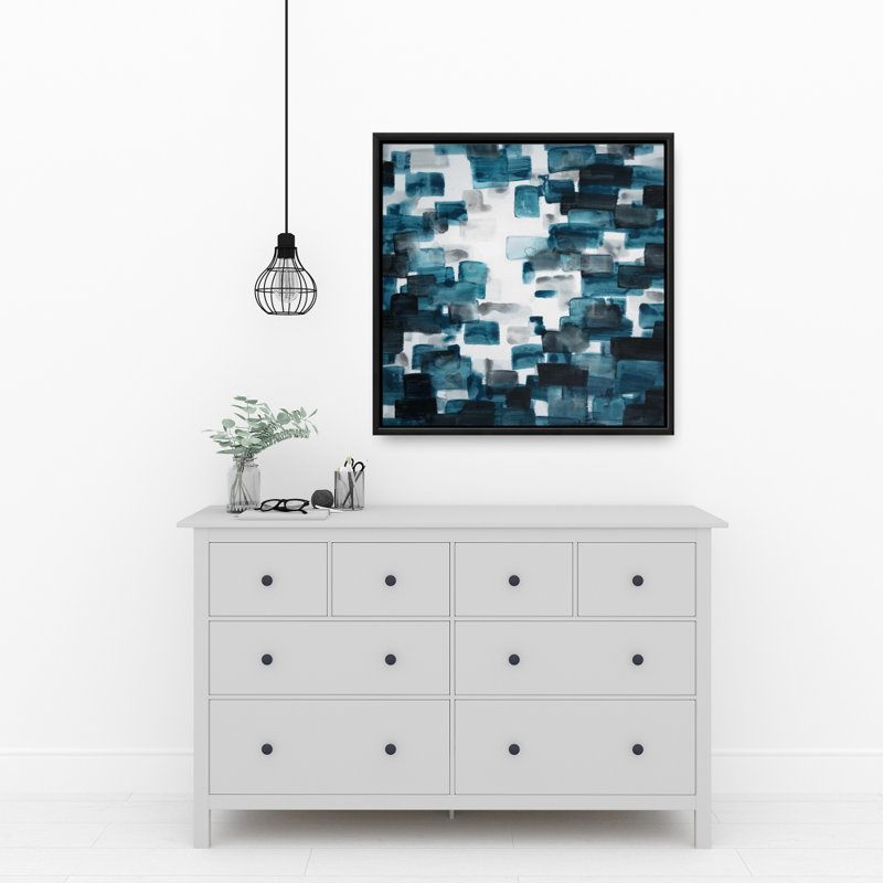 Toile encadrée turquoise et grise à formes abstraites - Décoration intérieure, H 25,25 po x l 25,25 po