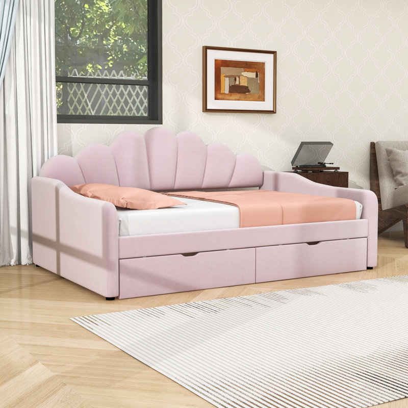 Full Upholstered Daybed with Shell-Shaped Backrest and 2 Drawers, Pink