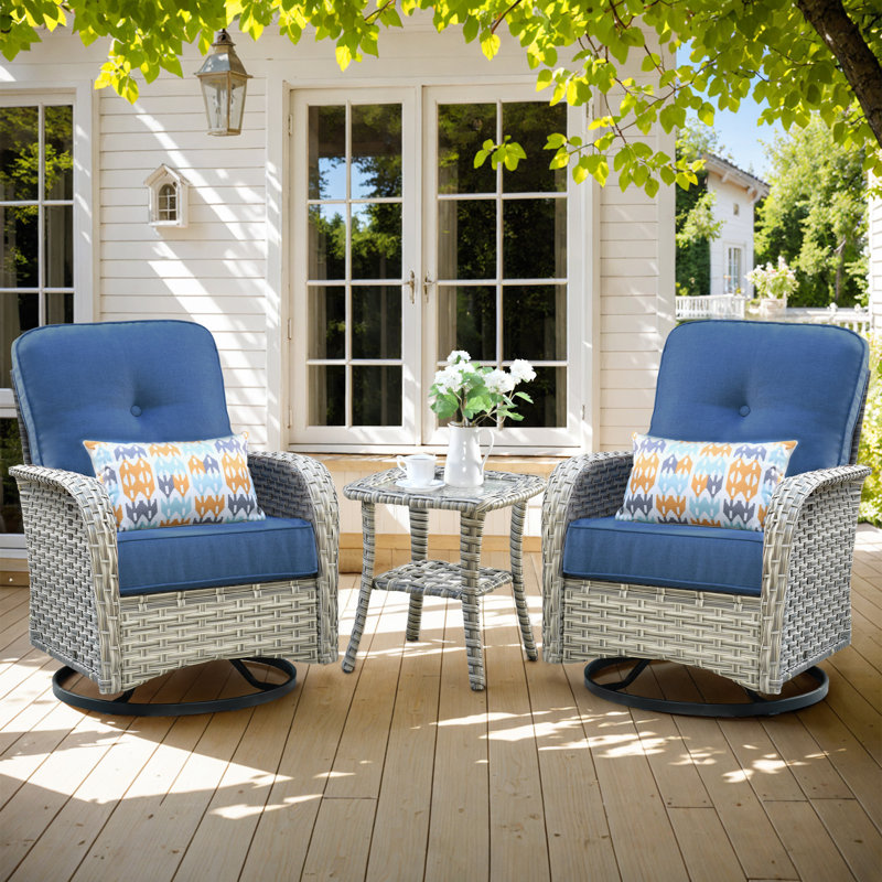 Heshum 3 Piece Rattan Seating Group With Cushions, Blue